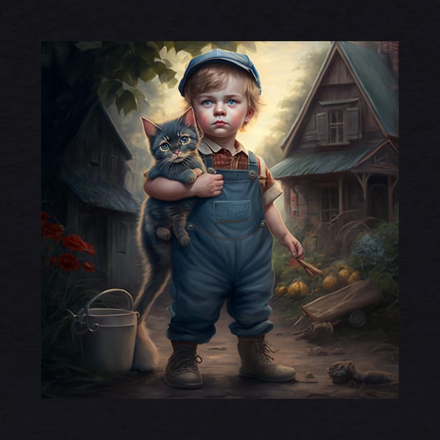 Young boy in his denim coveralls carrying his cat. by Liana Campbell